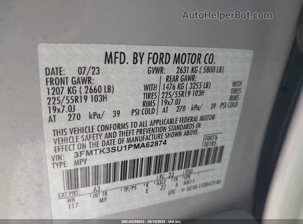 3FMTK3SU1PMA62874 2023 FORD MUSTANG MACH-E PREMI Белый Вид подкапотного пространства