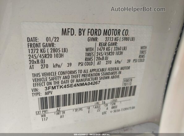 3FMTK4SE4NMA04267 2022 FORD MUSTANG MACH-E White Vista del compartimento del motor