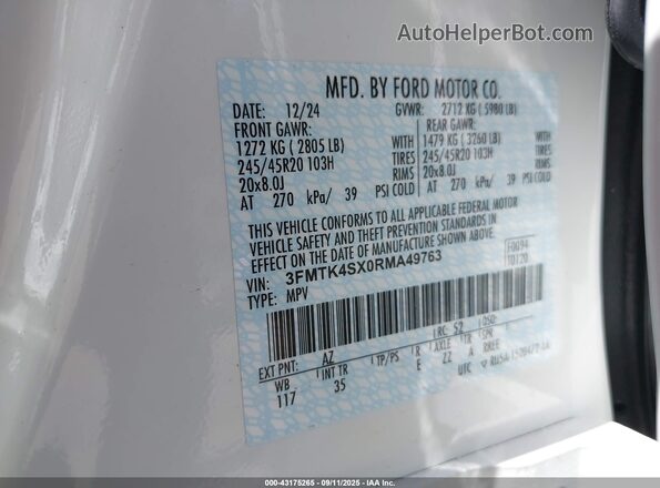 3FMTK4SX0RMA49763 2024 FORD MUSTANG MACH-E White Engine compartment view