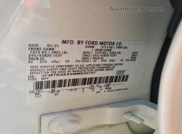 3FMTK4SX5MME00157 2021 FORD MUSTANG Белый Вид наклейки с VIN-кодом