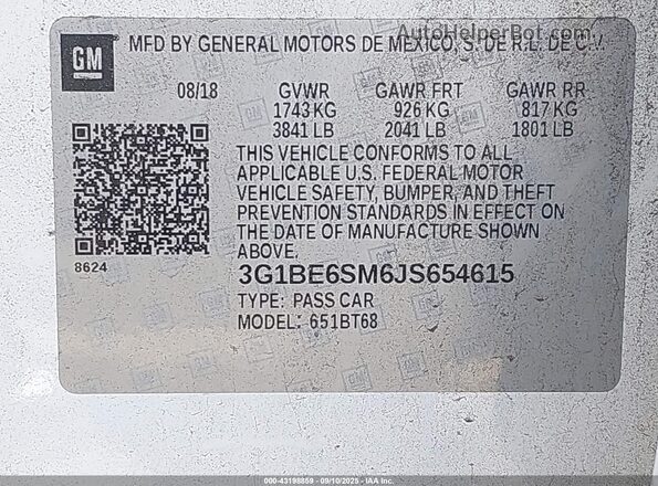 3G1BE6SM6JS654615 2018 CHEVROLET CRUZE White 