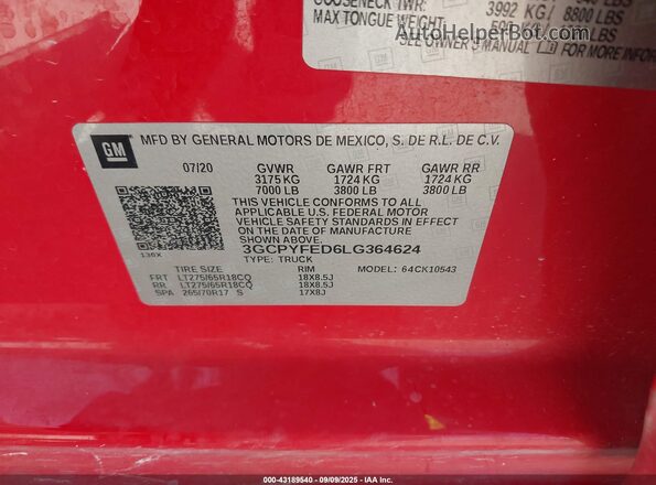 3GCPYFED6LG364624 2020 CHEVROLET SILVERADO Красный Вид подкапотного пространства
