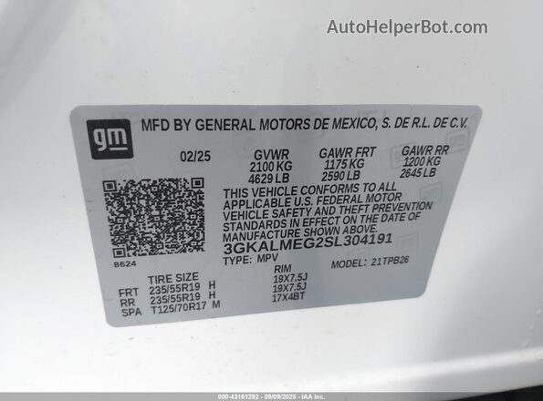 3GKALMEG2SL304191 2025 GMC TERRAIN White Вид підкапотного простору
