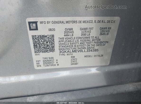 3GKALMEV0LL334385 2020 GMC TERRAIN Gray ძრავის განყოფილების ხედი