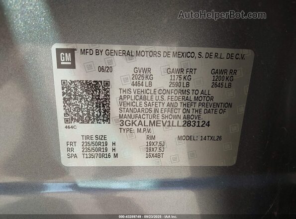 3GKALMEV1LL283124 2020 GMC TERRAIN Gray Շարժիչի բաժամունքի տեսք