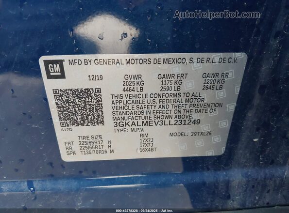 3GKALMEV3LL231249 2020 GMC TERRAIN Blue Vista del compartimento del motor
