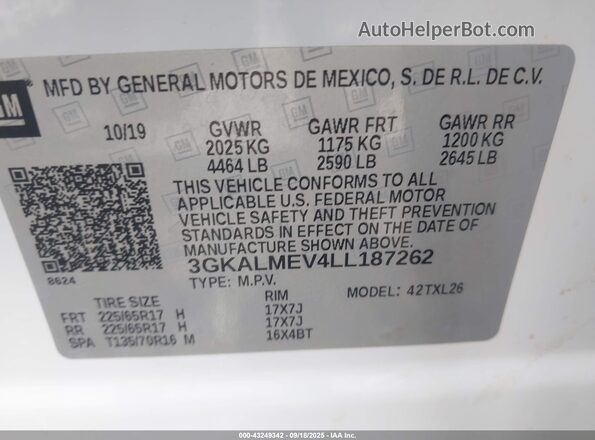 3GKALMEV4LL187262 2020 GMC TERRAIN White ძრავის განყოფილების ხედი
