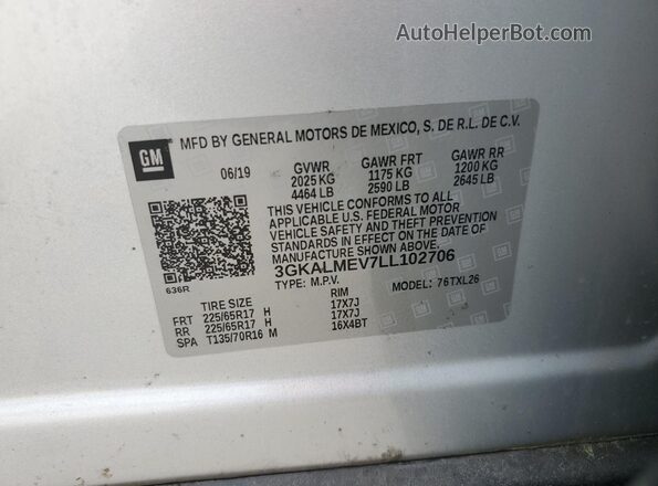 3GKALMEV7LL102706 2020 GMC TERRAIN Silver VIN կոդի պիտակի տեսք