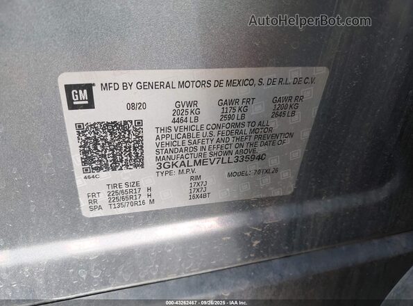 3GKALMEV7LL335940 2020 GMC TERRAIN Gray Вид підкапотного простору