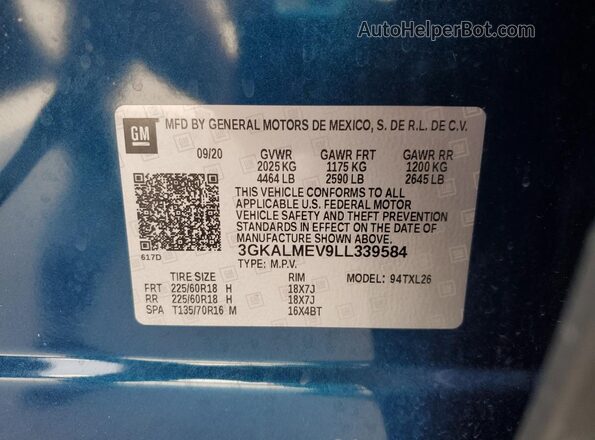 3GKALMEV9LL339584 2020 GMC TERRAIN Blue Շարժիչի բաժամունքի տեսք