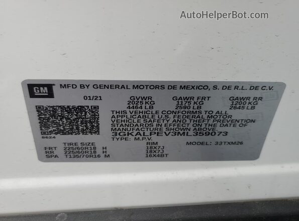 3GKALPEV3ML359073 2021 GMC TERRAIN White Widok wnętrza 360 stopni