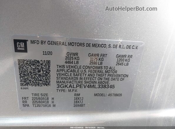 3GKALPEV4ML338345 2021 GMC TERRAIN Silver Widok komory silnika