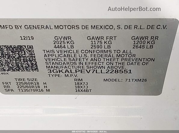 3GKALPEV7LL228551 2020 GMC TERRAIN White Вид підкапотного простору