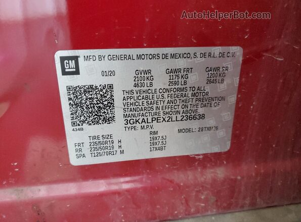 3GKALPEX2LL236638 2020 GMC TERRAIN Red Вид наклейки з VIN-кодом