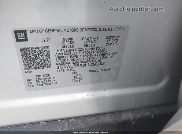 3GKALSEX2LL256102 2020 GMC TERRAIN Silver Vista del compartimento del motor