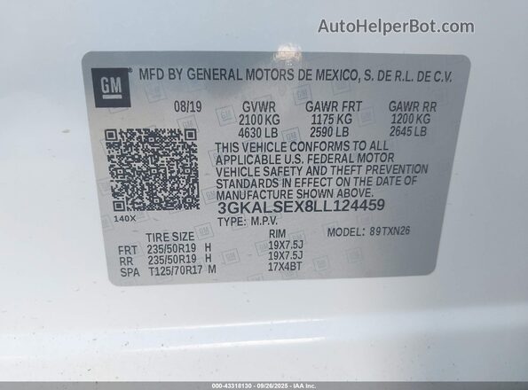 3GKALSEX8LL124459 2020 GMC TERRAIN White Շարժիչի բաժամունքի տեսք