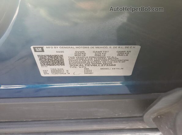 3GKALTEV6LL273568 2020 GMC TERRAIN Blue Вид наклейки з VIN-кодом