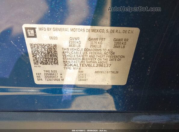 3GKALTEV6LL296137 2020 GMC TERRAIN Blue Vista del compartimento del motor