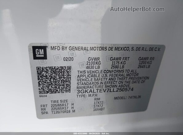 3GKALTEV7LL250574 2020 GMC TERRAIN White Вид підкапотного простору