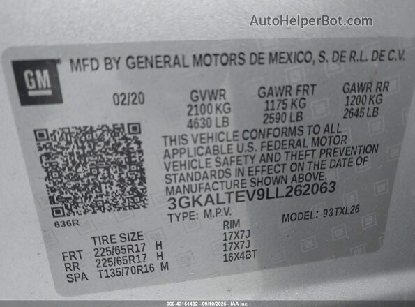 3GKALTEV9LL262063 2020 GMC TERRAIN Silver Շարժիչի բաժամունքի տեսք