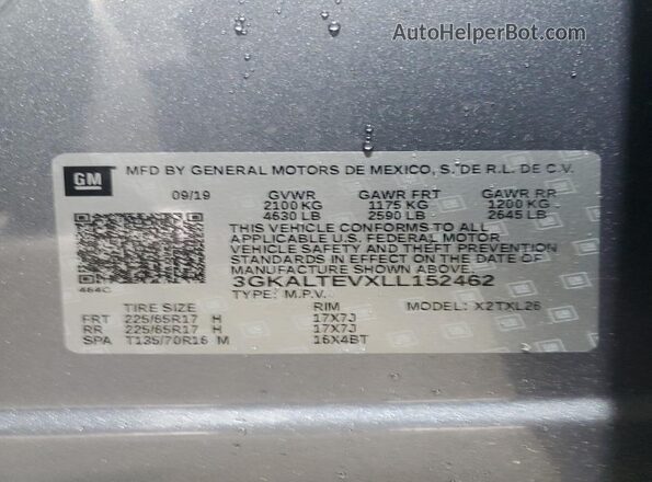 3GKALTEVXLL152462 2020 GMC TERRAIN Gray Vista de la etiqueta del VIN