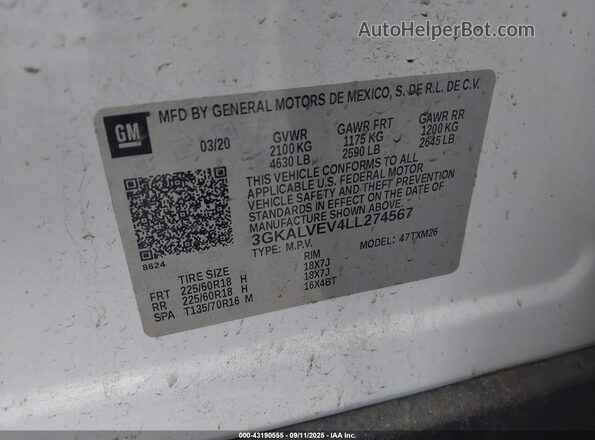 3GKALVEV4LL274567 2020 GMC TERRAIN White Вид підкапотного простору