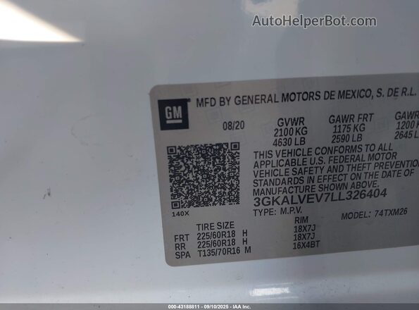 3GKALVEV7LL326404 2020 GMC TERRAIN White Engine compartment view