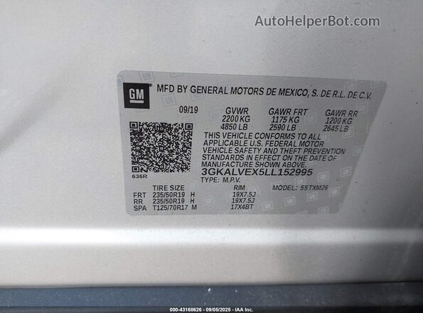 3GKALVEX5LL152995 2020 GMC TERRAIN Silver Vista del compartimento del motor