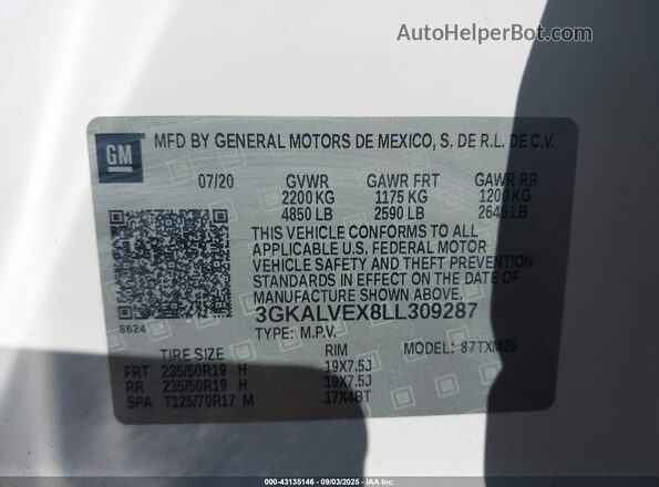 3GKALVEX8LL309287 2020 GMC TERRAIN White Вид підкапотного простору