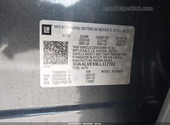 3GKALVEX9LL117702 2020 GMC TERRAIN Серый Вид подкапотного пространства
