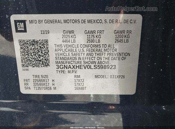 3GNAXHEV0LS598923 2020 CHEVROLET EQUINOX Black Widok komory silnika