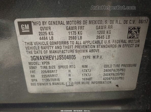 3GNAXHEV1JS504805 2018 CHEVROLET EQUINOX Серый 