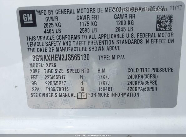 3GNAXHEV2JS565130 2018 CHEVROLET EQUINOX White 