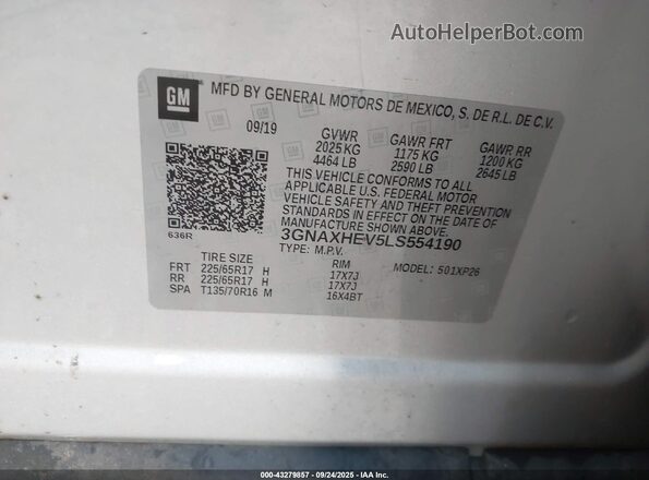 3GNAXHEV5LS554190 2020 CHEVROLET EQUINOX Silver Vista del compartimento del motor