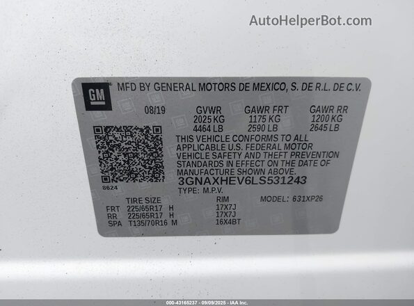 3GNAXHEV6LS531243 2020 CHEVROLET EQUINOX White Vista del compartimento del motor