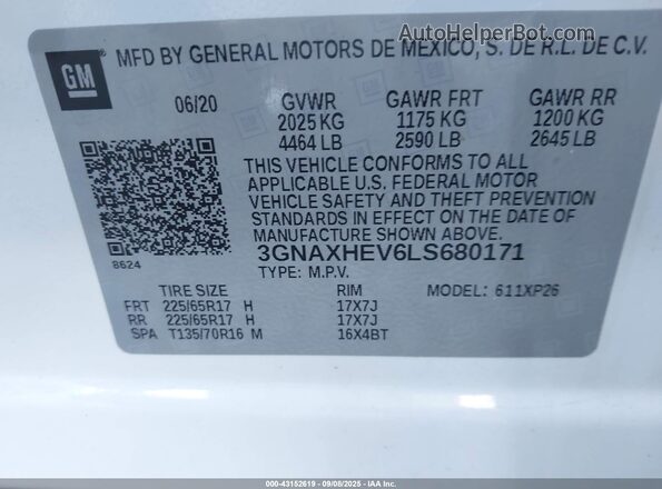 3GNAXHEV6LS680171 2020 CHEVROLET EQUINOX White Engine compartment view