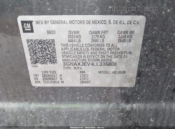 3GNAXJEV4LL336808 2020 CHEVROLET EQUINOX Gray Engine compartment view