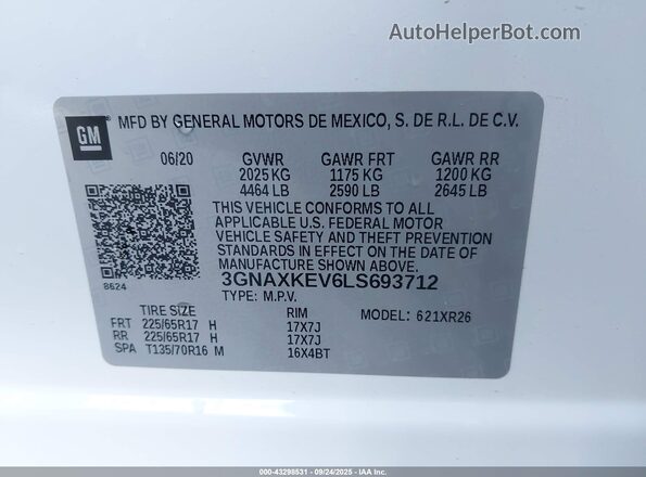 3GNAXKEV6LS693712 2020 CHEVROLET EQUINOX White Engine compartment view