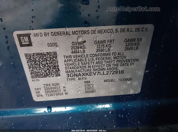 3GNAXKEV7LL272916 2020 CHEVROLET EQUINOX Blue ძრავის განყოფილების ხედი