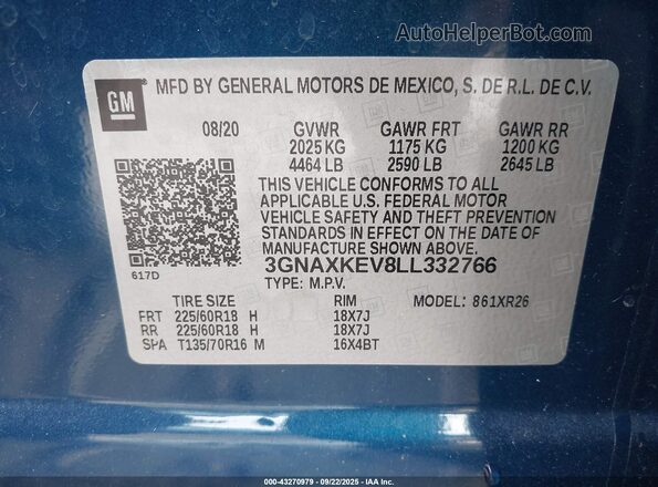 3GNAXKEV8LL332766 2020 CHEVROLET EQUINOX Blue Вид підкапотного простору