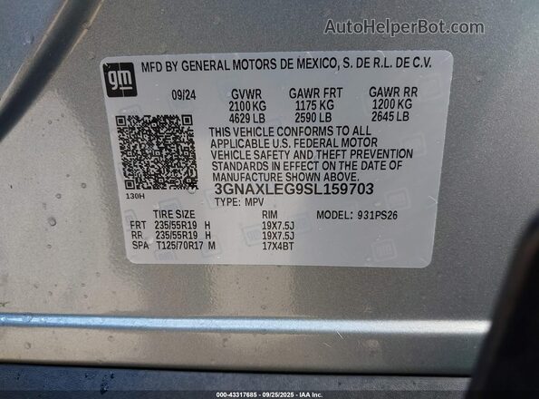 3GNAXLEG9SL159703 2025 CHEVROLET EQUINOX Silver 