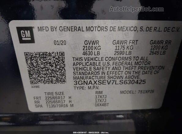 3GNAXSEV7LS630425 2020 CHEVROLET EQUINOX Dark Blue Engine compartment view