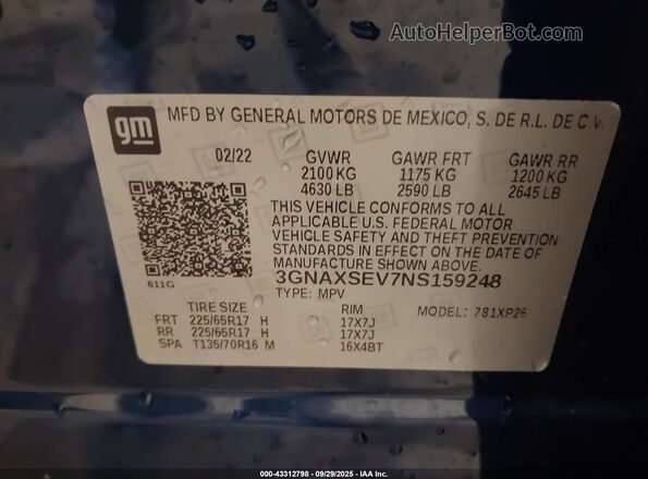 3GNAXSEV7NS159248 2022 CHEVROLET EQUINOX Blue Widok komory silnika
