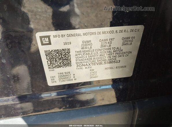 3GNAXTEV8LS580513 2020 CHEVROLET EQUINOX Black Widok komory silnika