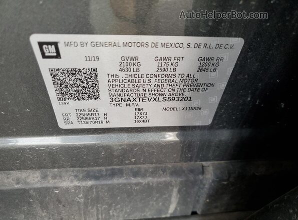3GNAXTEVXLS593201 2020 CHEVROLET EQUINOX Gray VIN կոդի պիտակի տեսք