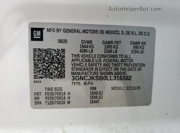 3GNCJKSB0LL316582 2020 CHEVROLET TRAX White Vista de la etiqueta del VIN