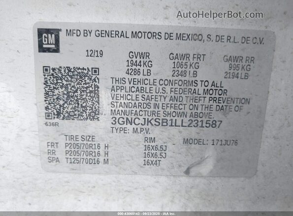 3GNCJKSB1LL231587 2020 CHEVROLET TRAX Silver Engine compartment view