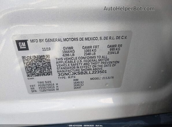 3GNCJKSB2LL223501 2020 CHEVROLET TRAX Silver Vista del compartimento del motor