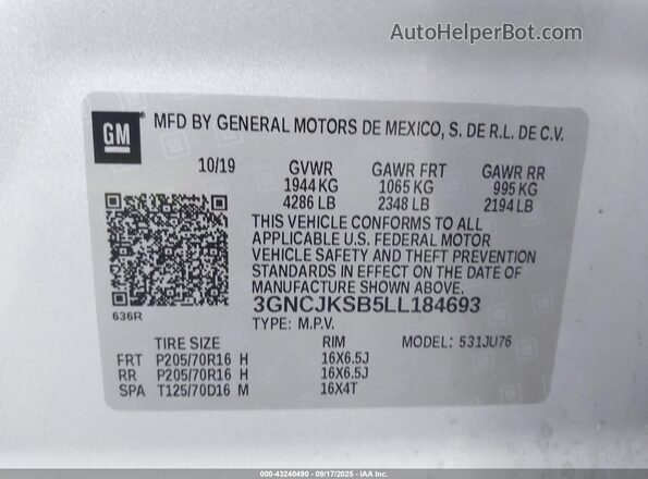 3GNCJKSB5LL184693 2020 CHEVROLET TRAX Silver Widok komory silnika
