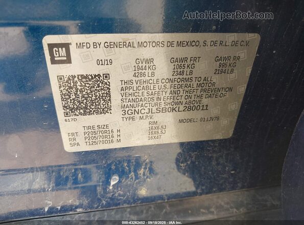 3GNCJLSB0KL280011 2019 CHEVROLET TRAX Blue ძრავის განყოფილების ხედი